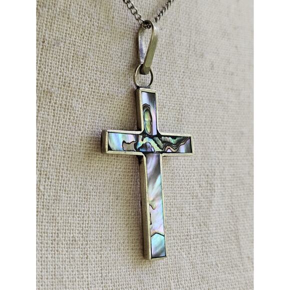 Estate Jewelry - Vintage Cross Pendant Abalone Shell Inlay Mexico Southwestern Boho Festival